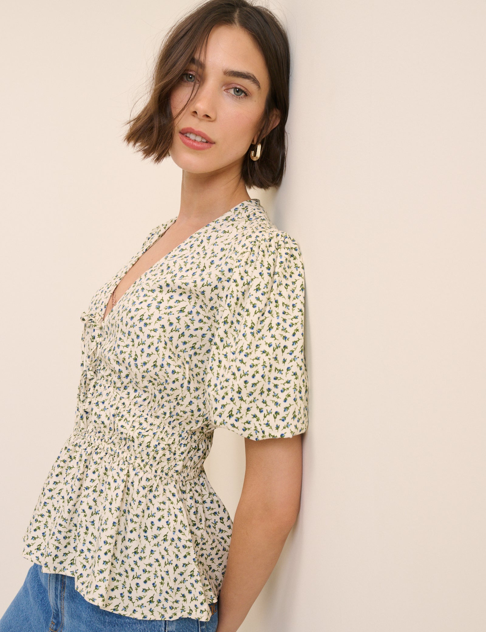 Cream Ditsy Floral V-Neck Blouse