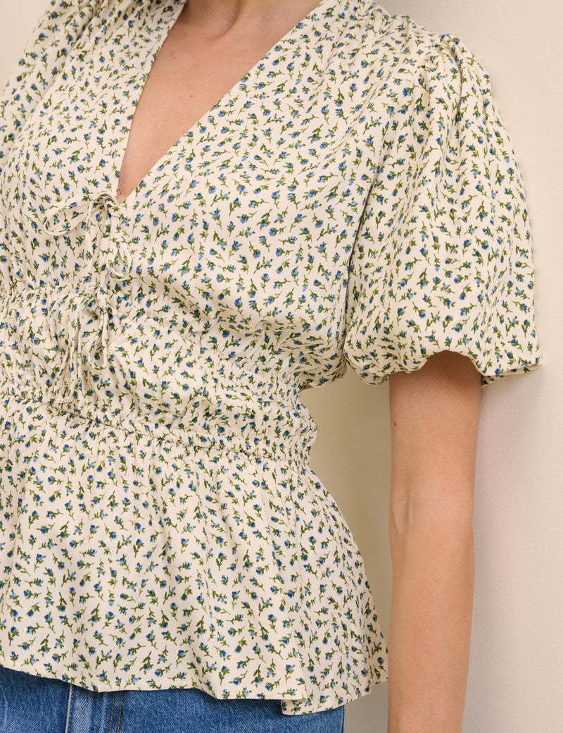 Cream Ditsy Floral V-Neck Blouse