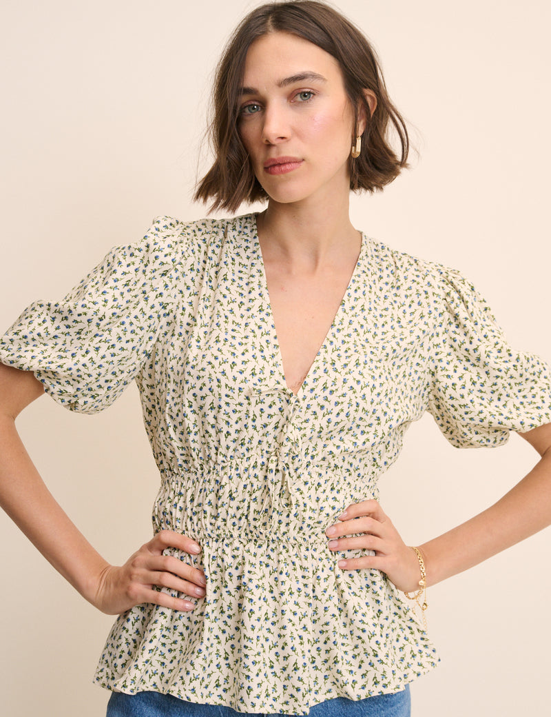 Cream Ditsy Floral V-Neck Blouse