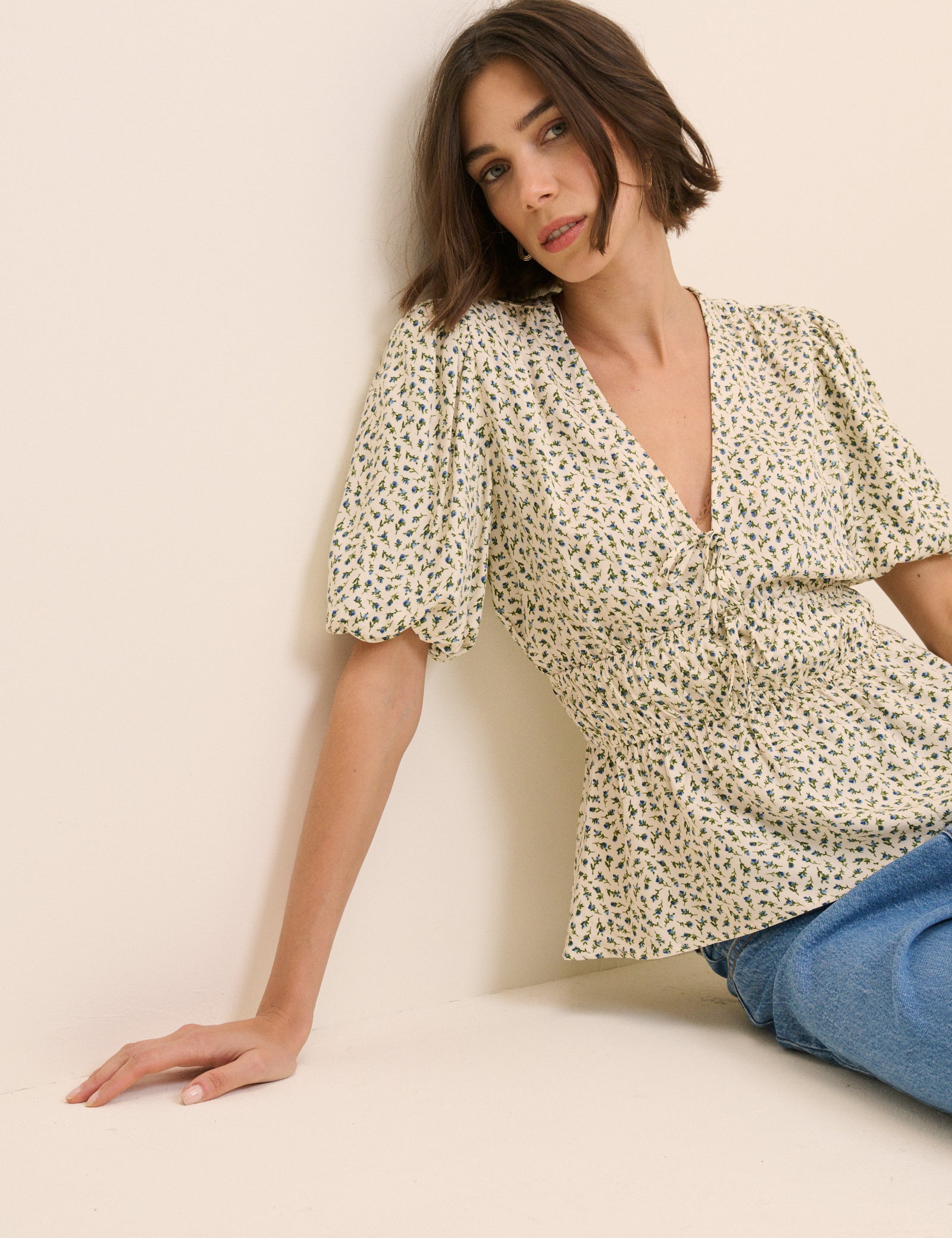 Cream Ditsy Floral V-Neck Blouse