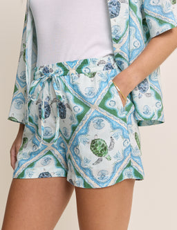 Blue Ocean Printed Drawstring Linen-Blend Shorts