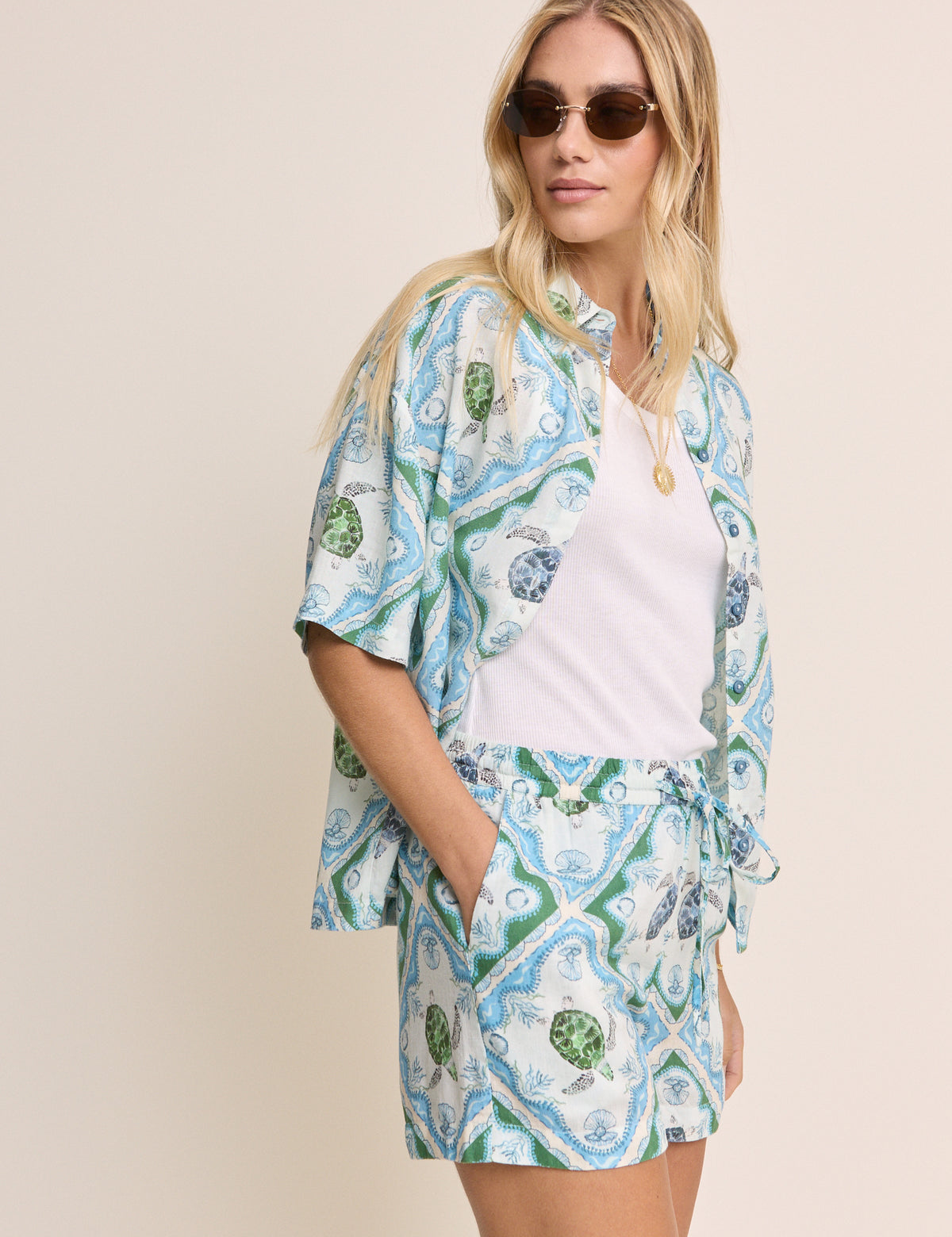 Blue Ocean Printed Drawstring Linen-Blend Shorts