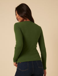 Green Ribbed Round Neck Long Sleeve Top