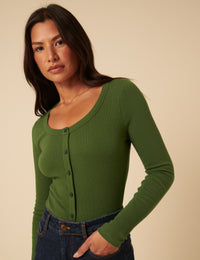 Green Ribbed Round Neck Long Sleeve Top
