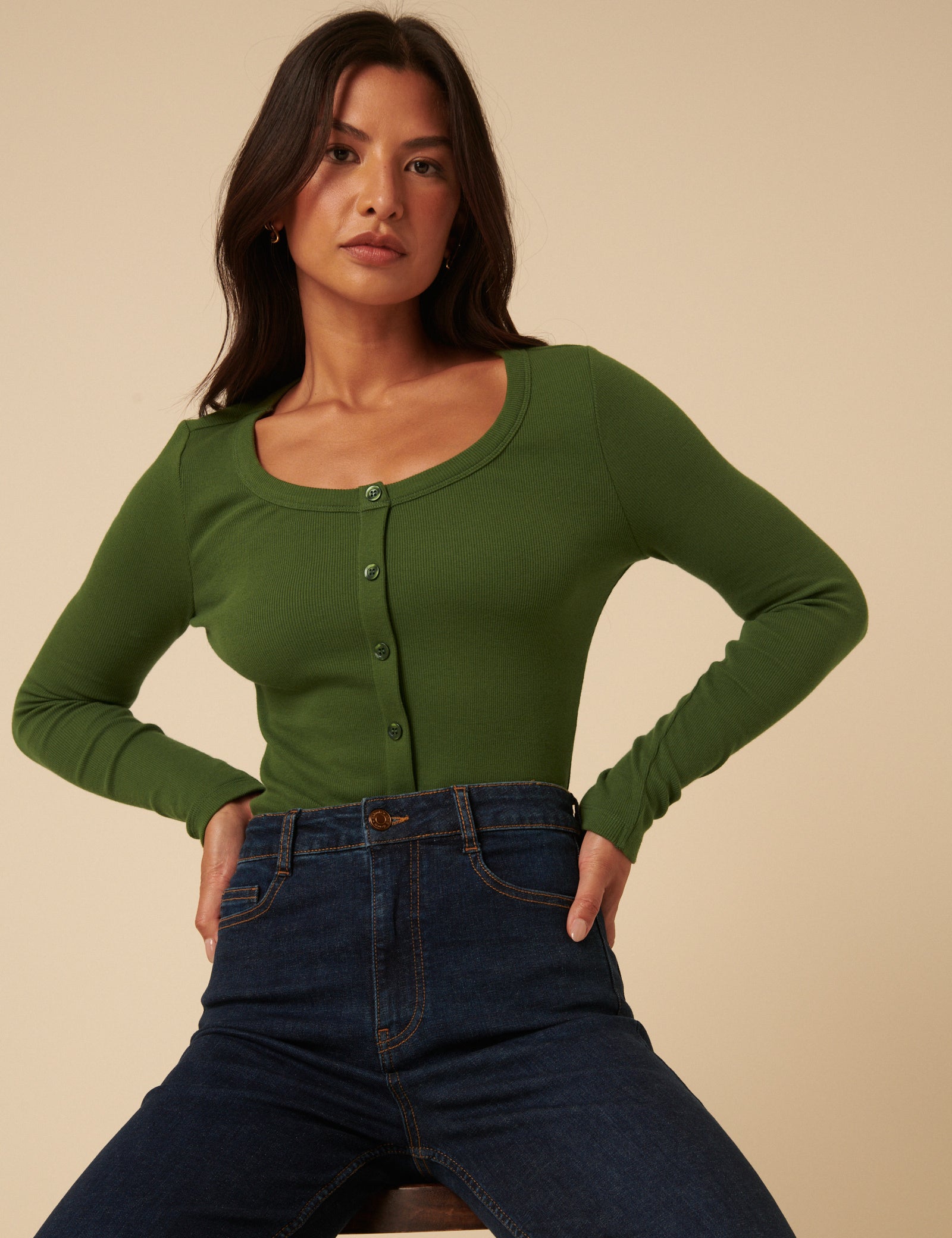 Green Ribbed Round Neck Long Sleeve Top