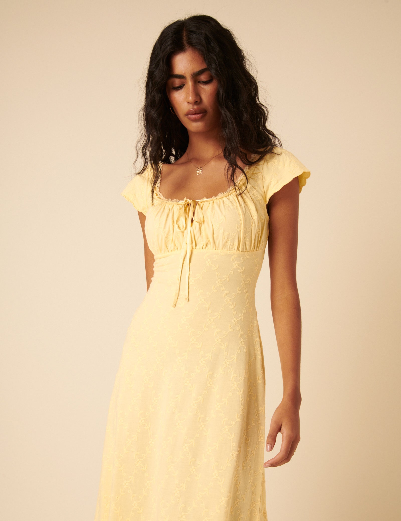 Lemon Yellow Lace Trim Melissa Midi Dress Lemon Yellow Lace Trim Melissa Midi Dress