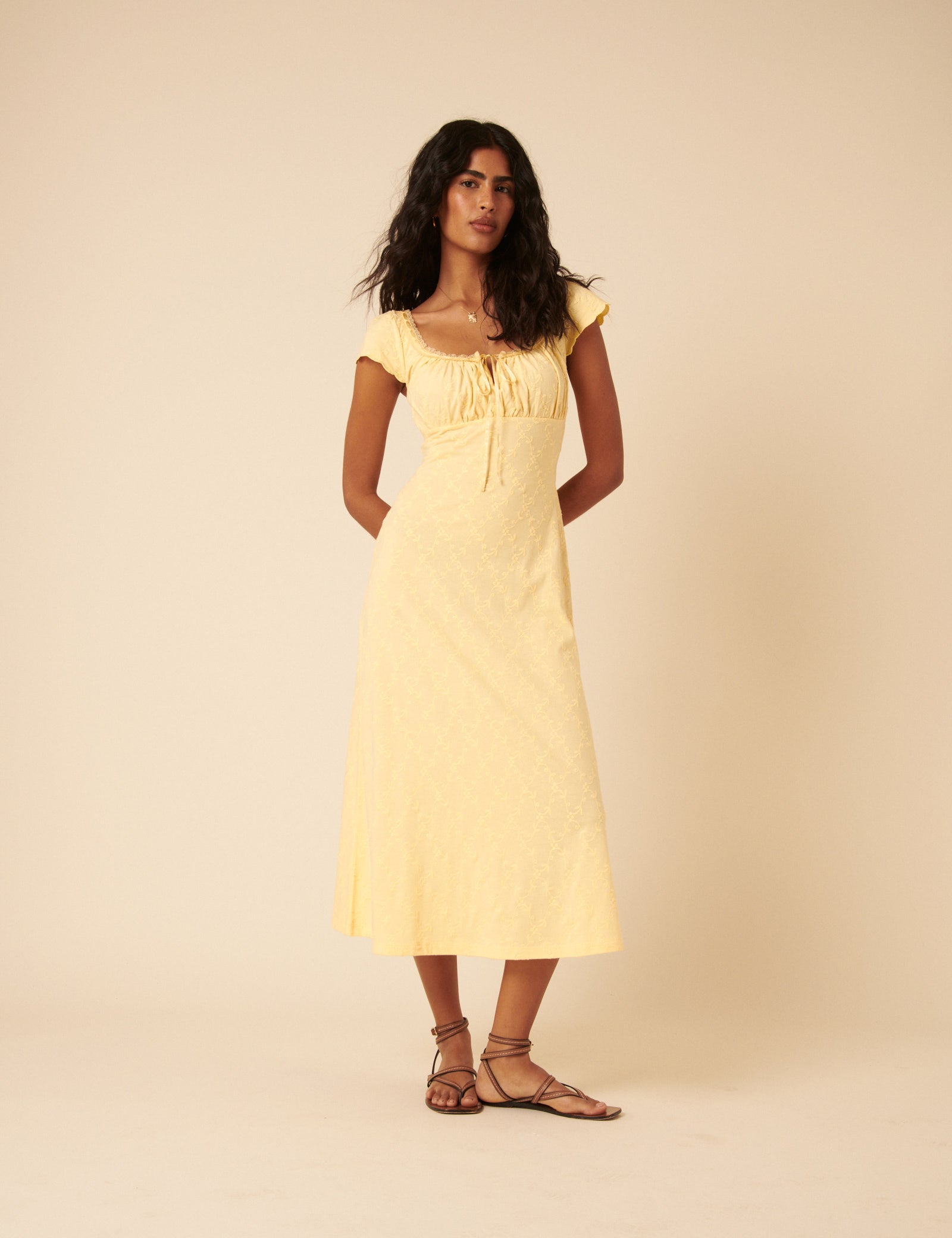 Lemon Yellow Lace Trim Melissa Midi Dress Lemon Yellow Lace Trim Melissa Midi Dress
