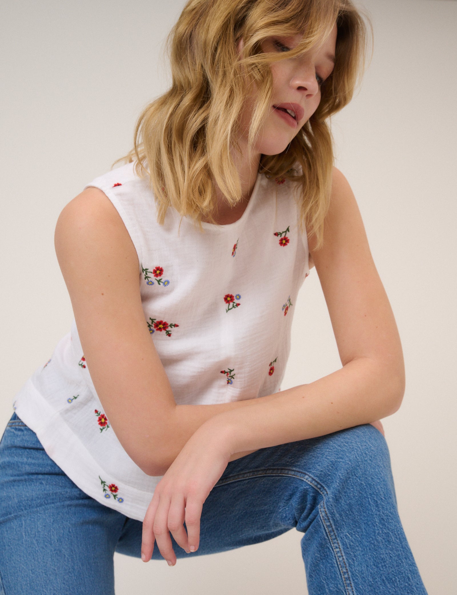 White Floral Embroidered Stirling Top