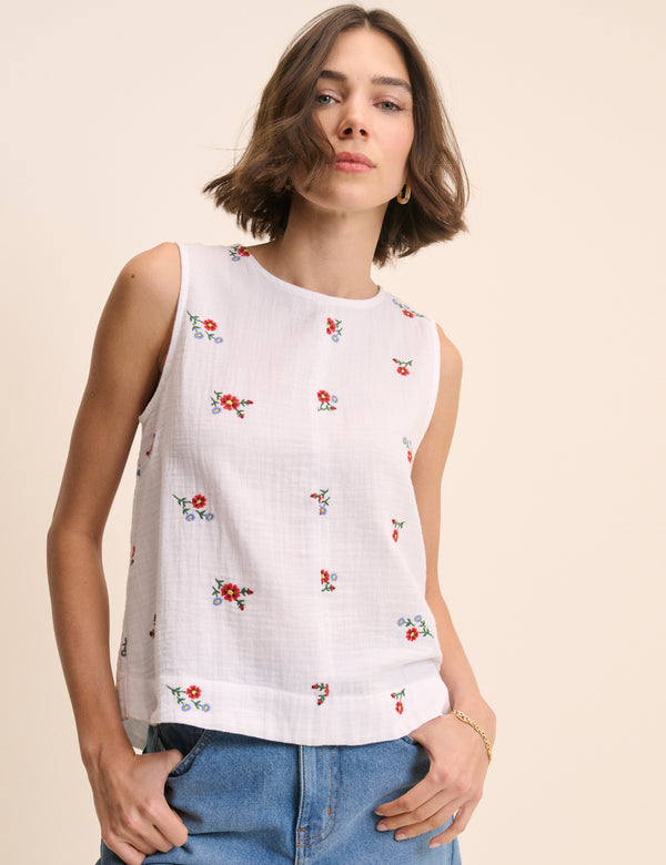 White Floral Embroidered Stirling Swing Top