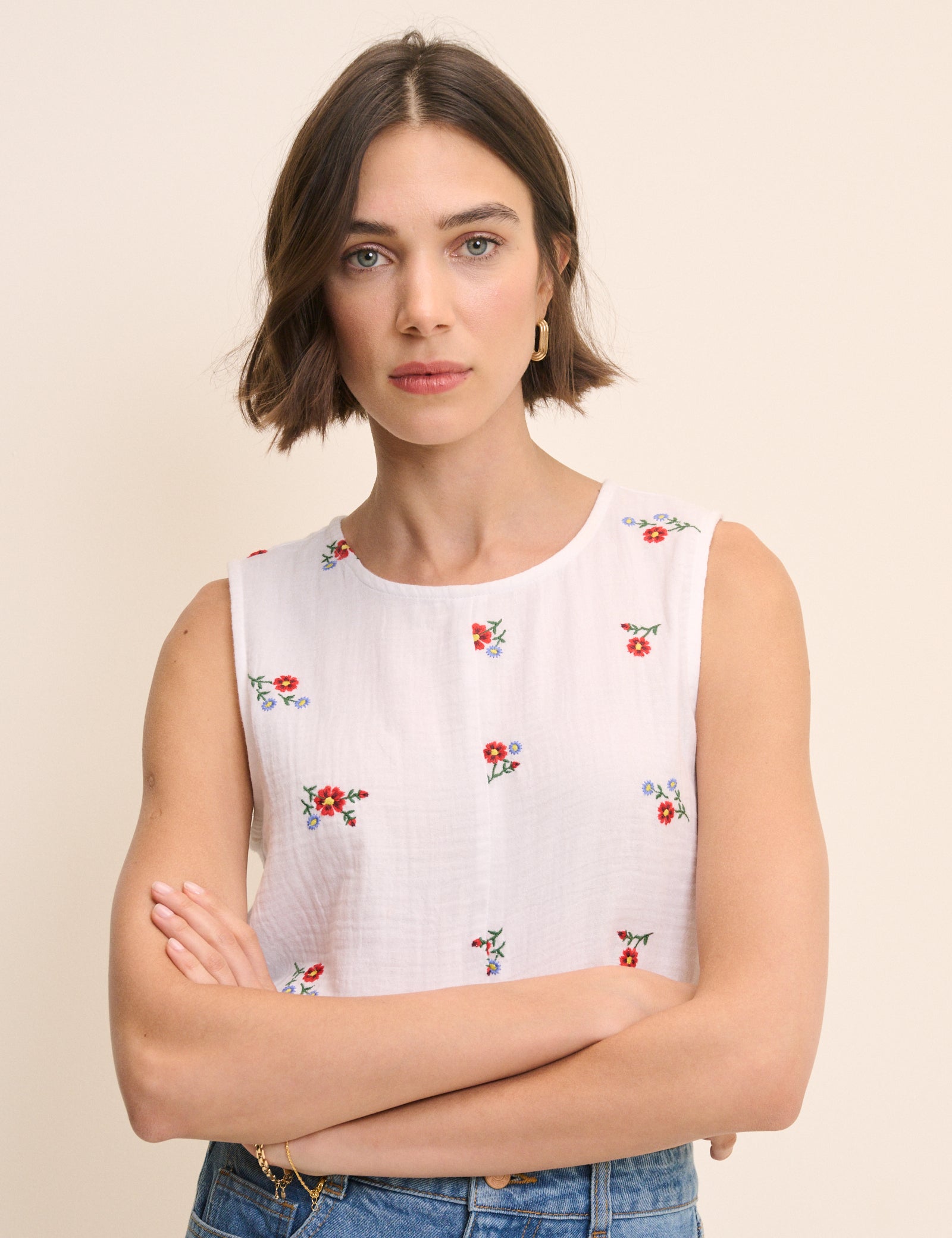 White Floral Embroidered Stirling Swing Top