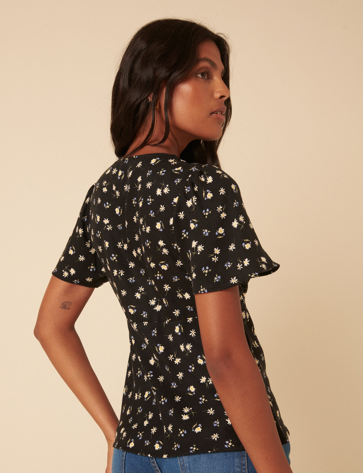 Black Ditsy Floral Frill Top