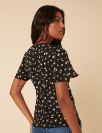 Black Ditsy Floral Frill Top