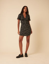 Black Ditsy Floral Frill Top