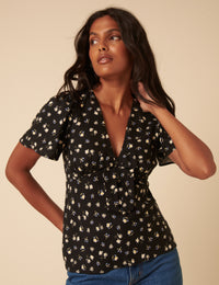 Black Ditsy Floral Frill Top