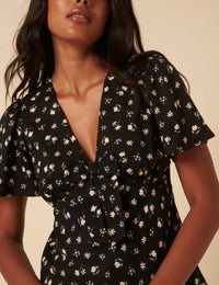 Black Ditsy Floral Frill Top