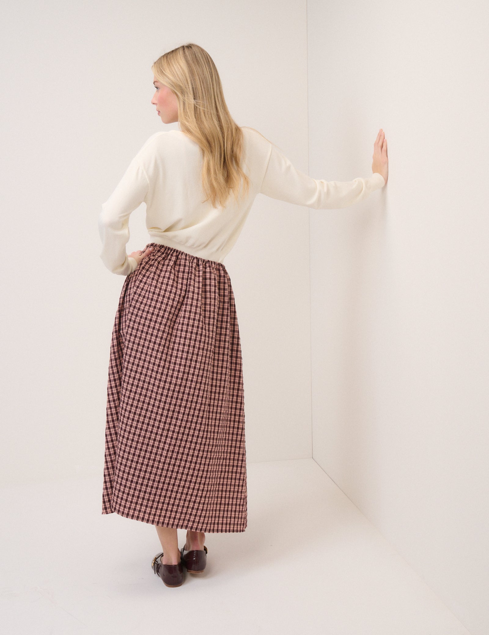 Pink And Brown Check Naples Midi Skirt