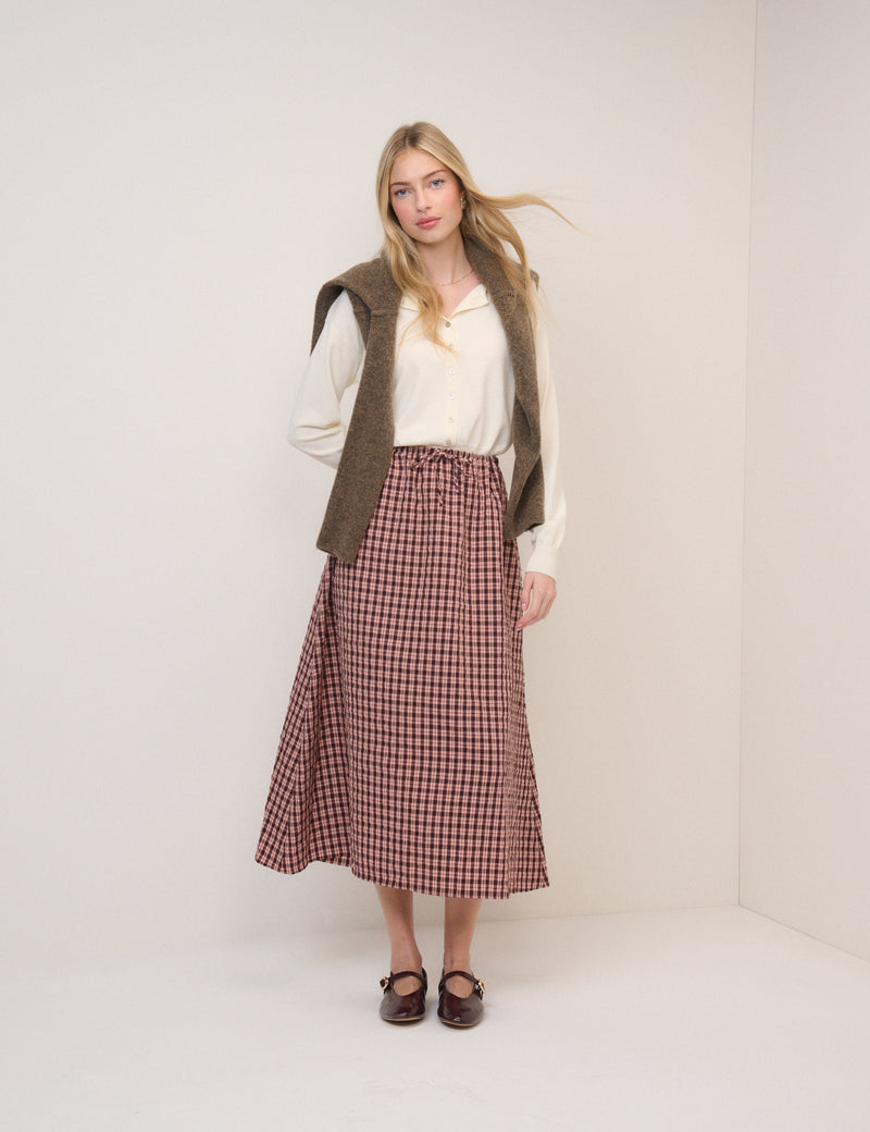 Pink And Brown Check Naples Midi Skirt