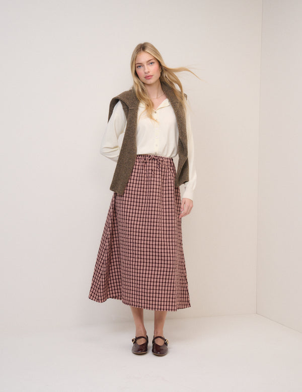 Pink And Brown Check Naples Midi Skirt