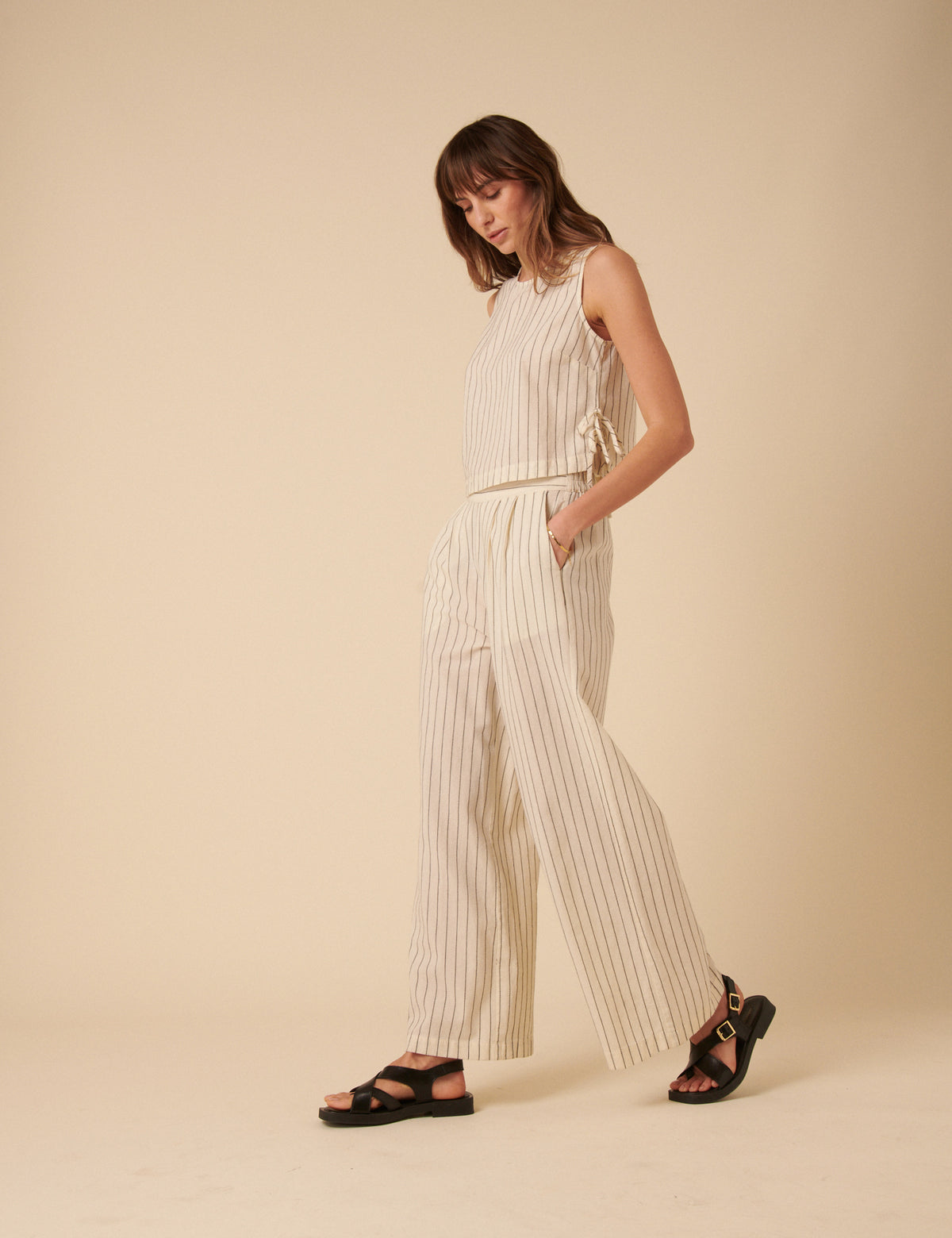 Cream Pinstripe Relaxed Trousers