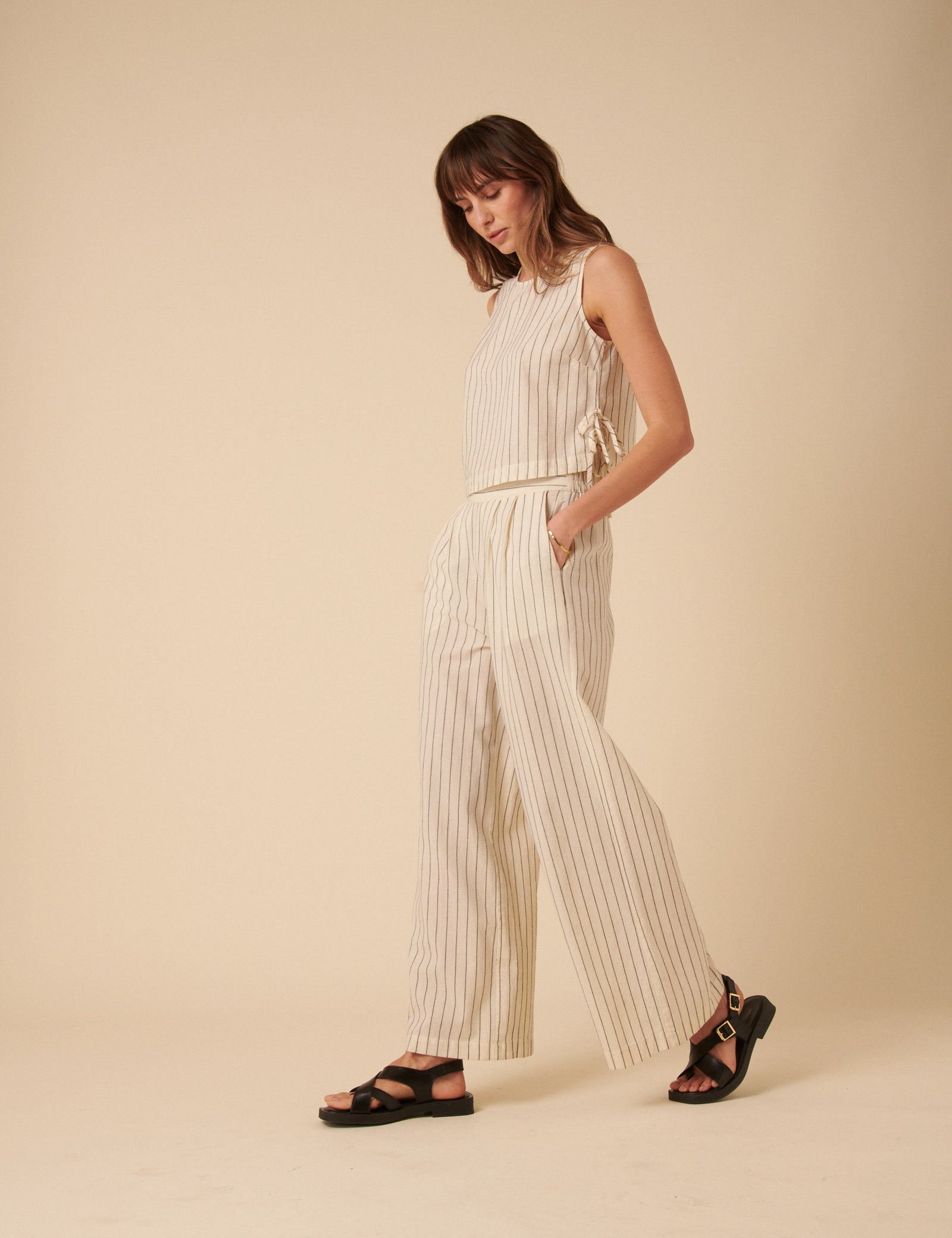 Cream Pinstripe Relaxed Trousers