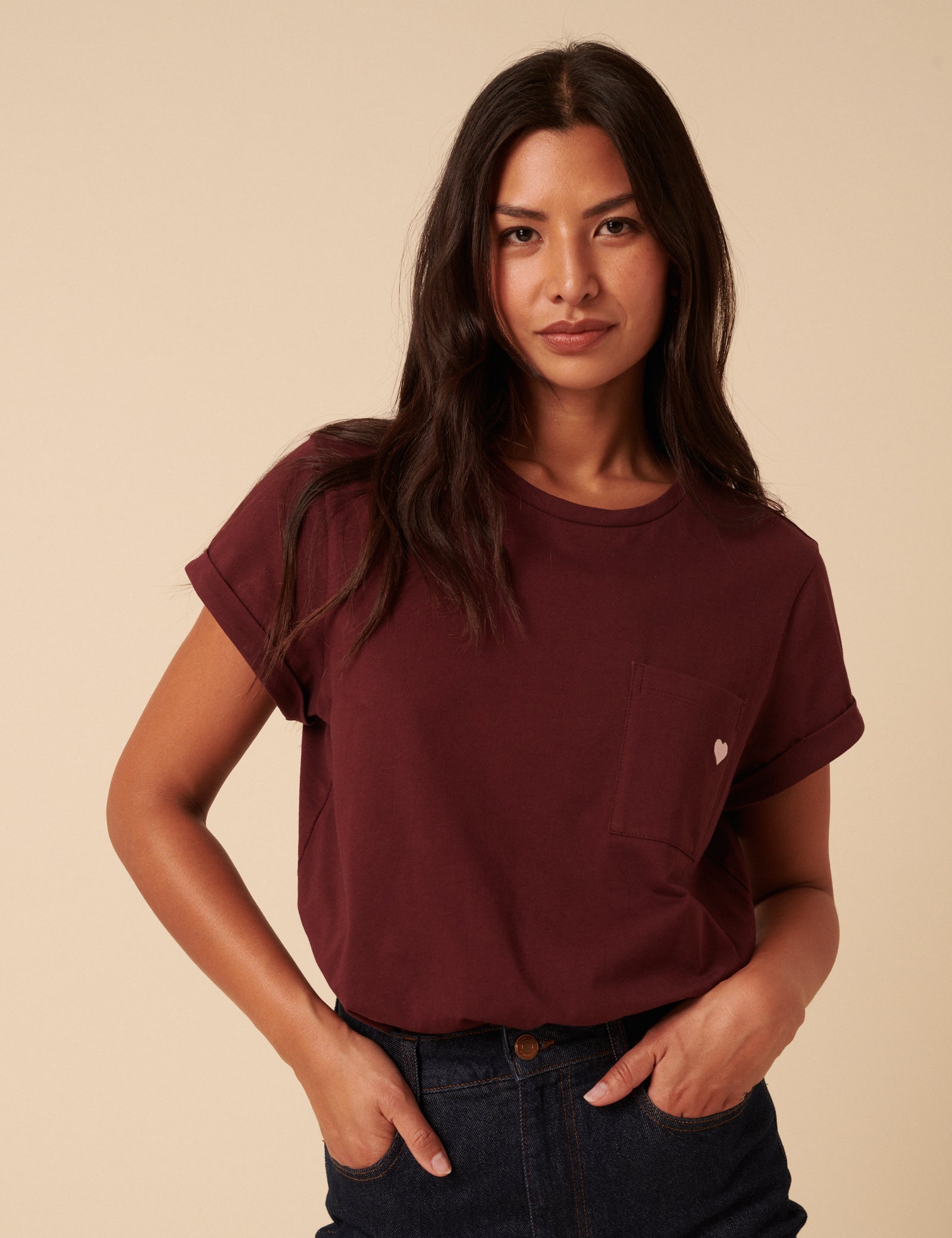 Burgundy Heart Embroidered T-Shirt