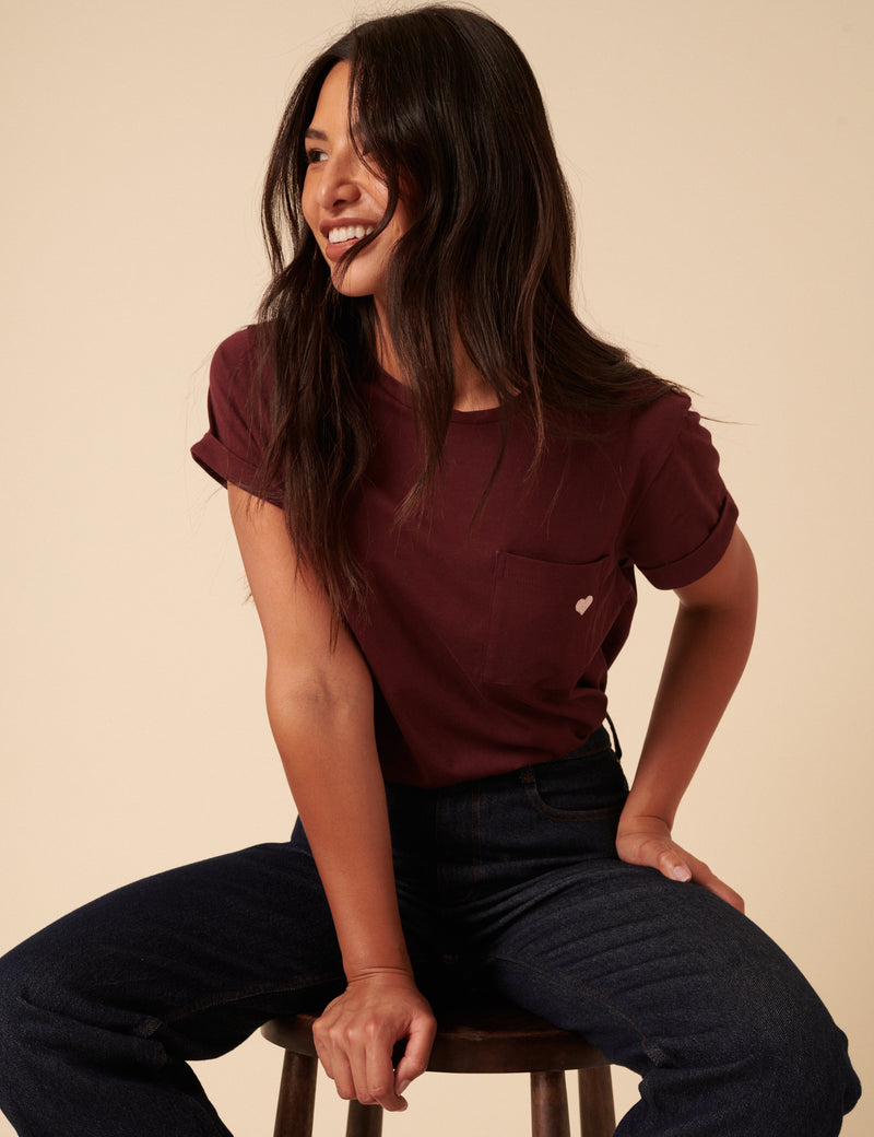 Burgundy Heart Embroidered T-Shirt