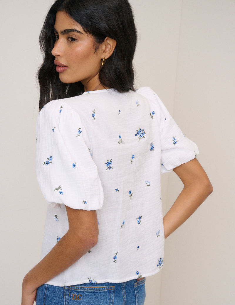 White and Blue Ditsy Floral Puff Sleeve Top