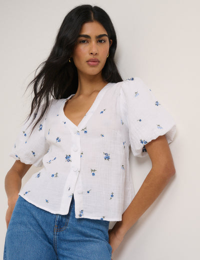 White and Blue Ditsy Floral Puff Sleeve Top