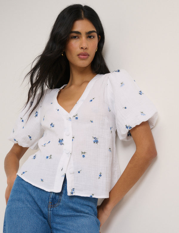 White Ditsy Floral Puff Sleeve Top