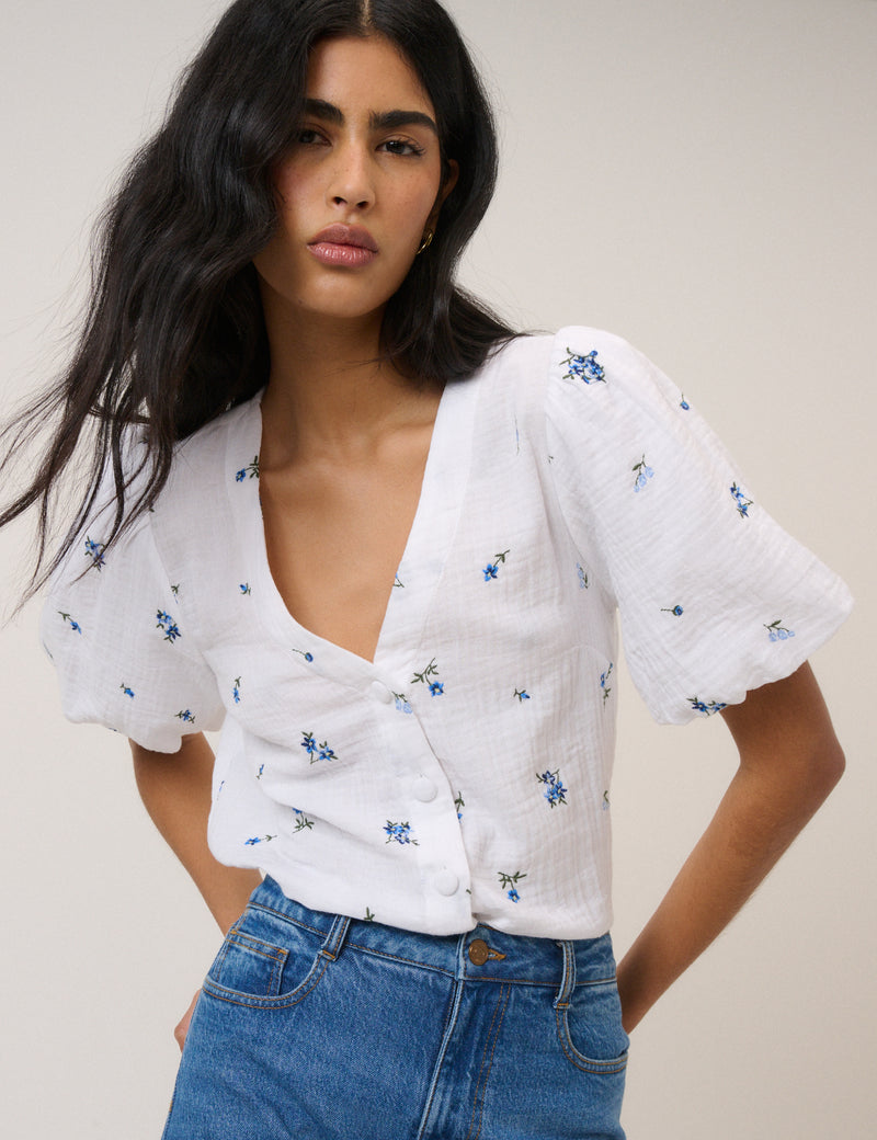 White and Blue Ditsy Floral Puff Sleeve Top