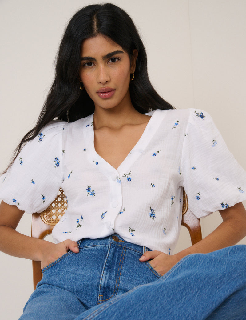 White and Blue Ditsy Floral Puff Sleeve Top