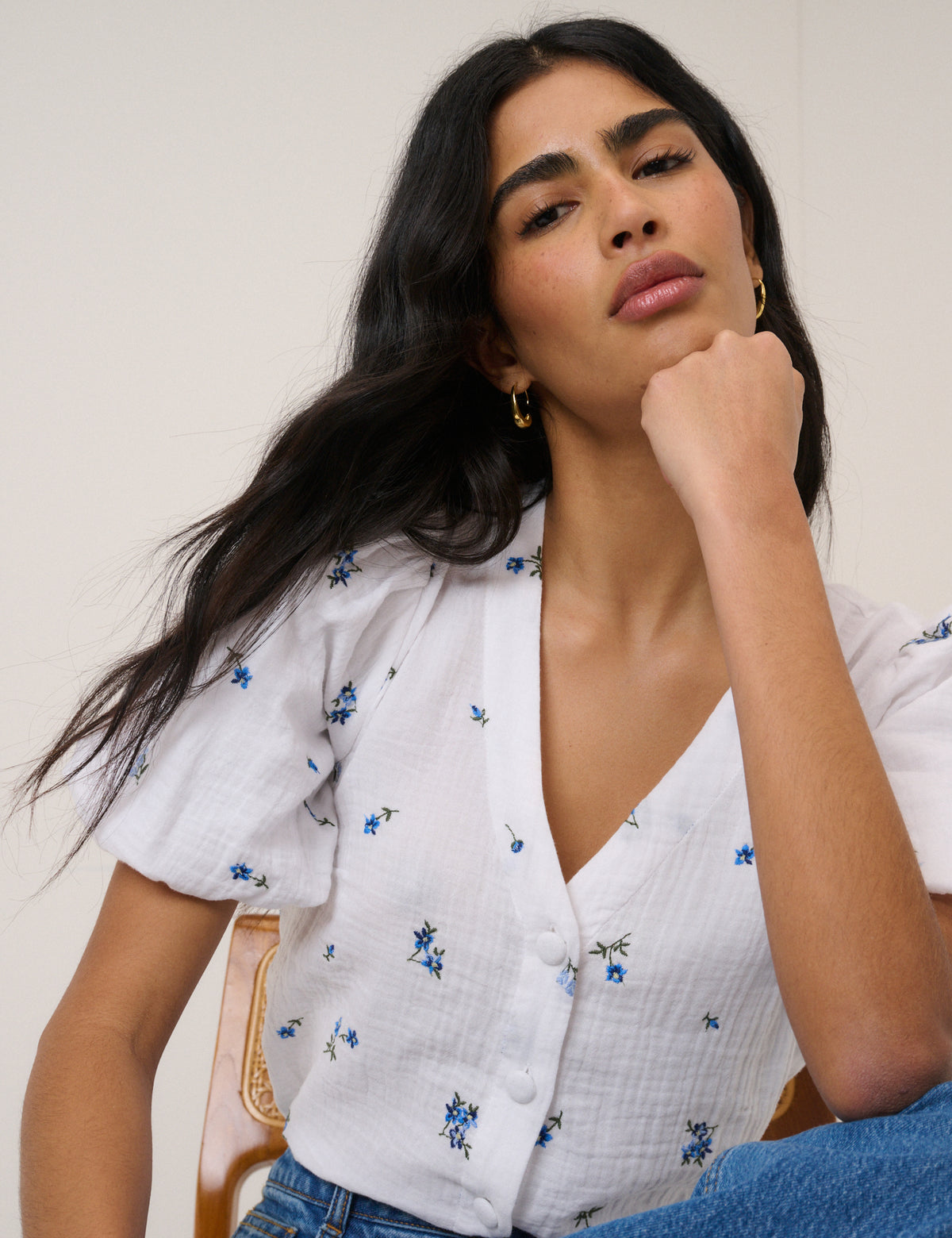 White and Blue Ditsy Floral Puff Sleeve Top