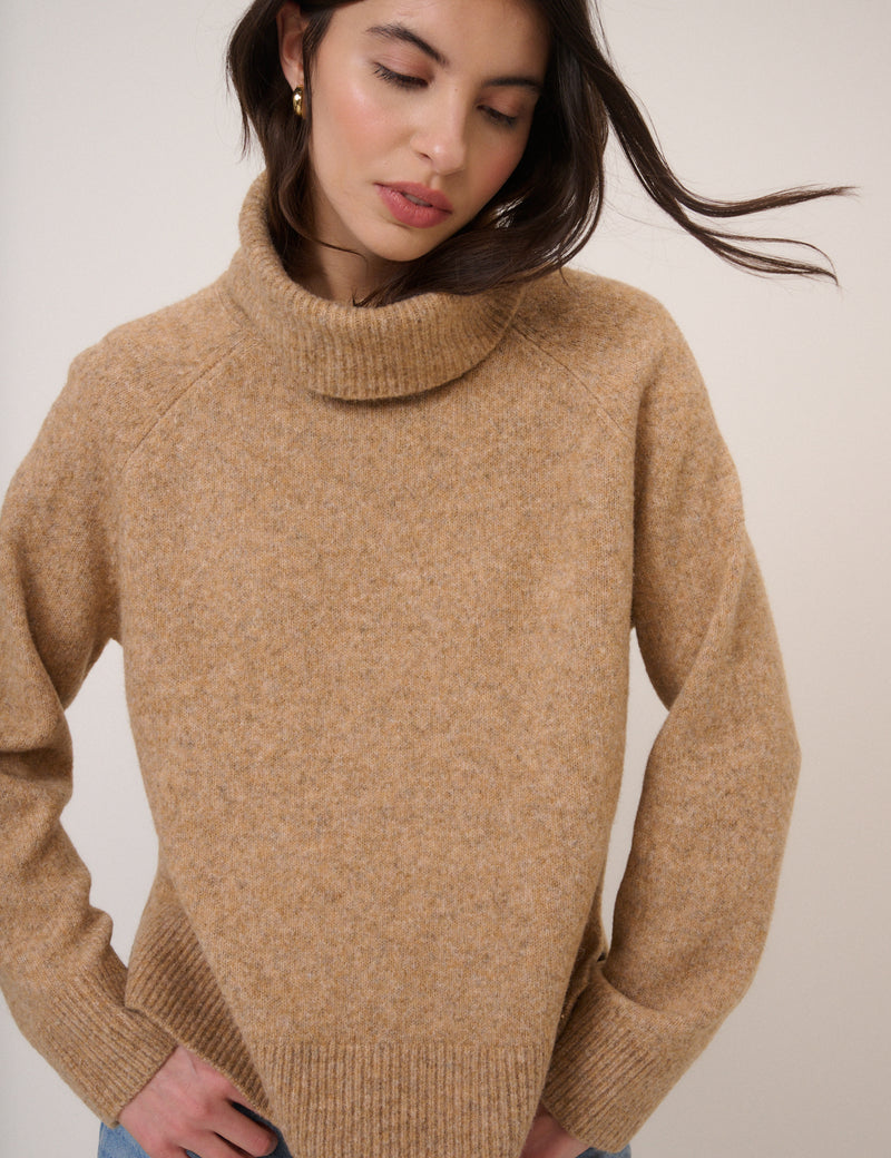 Camel Roll Neck Relaxed Fit Jumper