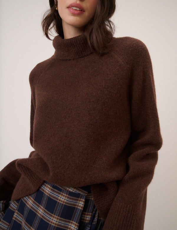 Brown Roll Neck Jumper Relaxed Fit