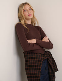 Brown Ribbed Mock Neck Top