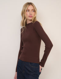 Brown Ribbed Mock Neck Top