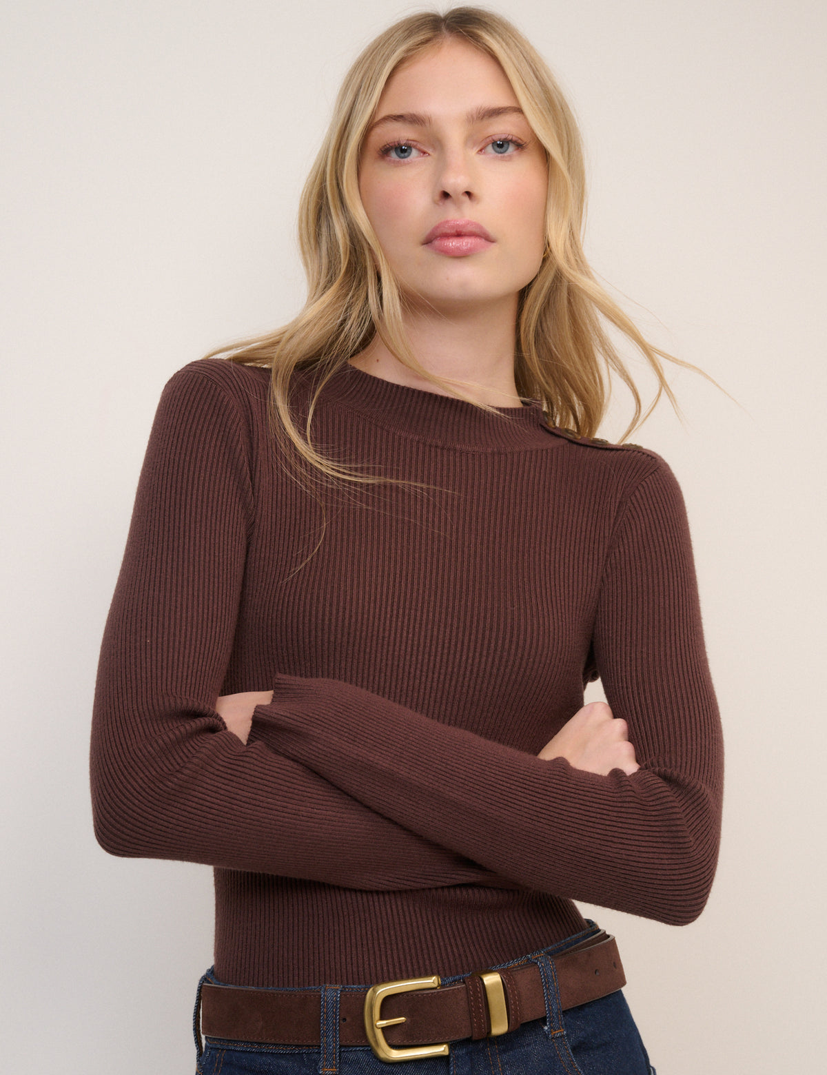 Brown Ribbed Knitted Mock Neck Top