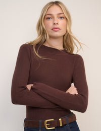 Brown Ribbed Mock Neck Top