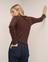Brown Ribbed Mock Neck Top