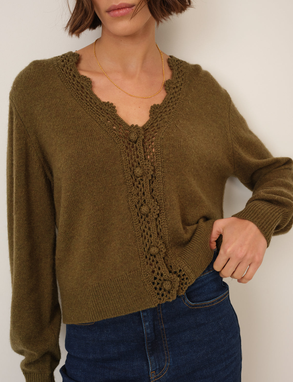 Khaki Wool Blend Crochet Trim V-Neck Cardigan