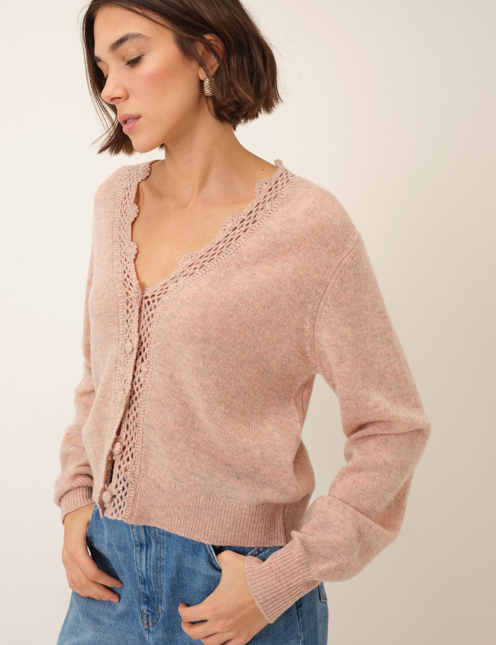 Pink Crochet Trim V Neck Cardigan