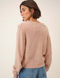 Pink Crochet Trim V Neck Cardigan