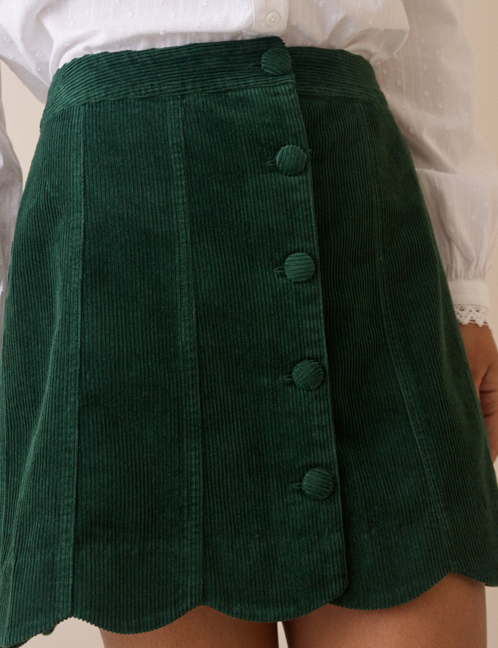 Forest Green Cord Scallop Trim Mini Skirt