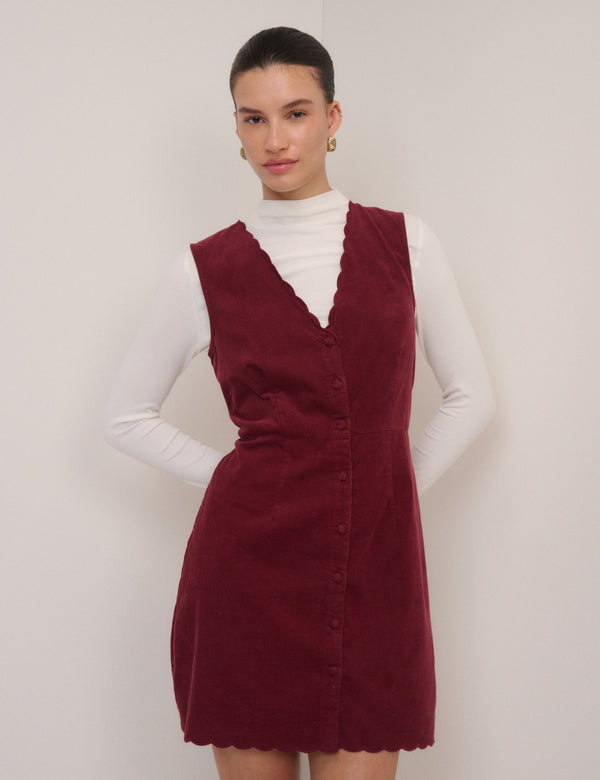 Red Cord Scallop Trim Pinafore Mini Dress