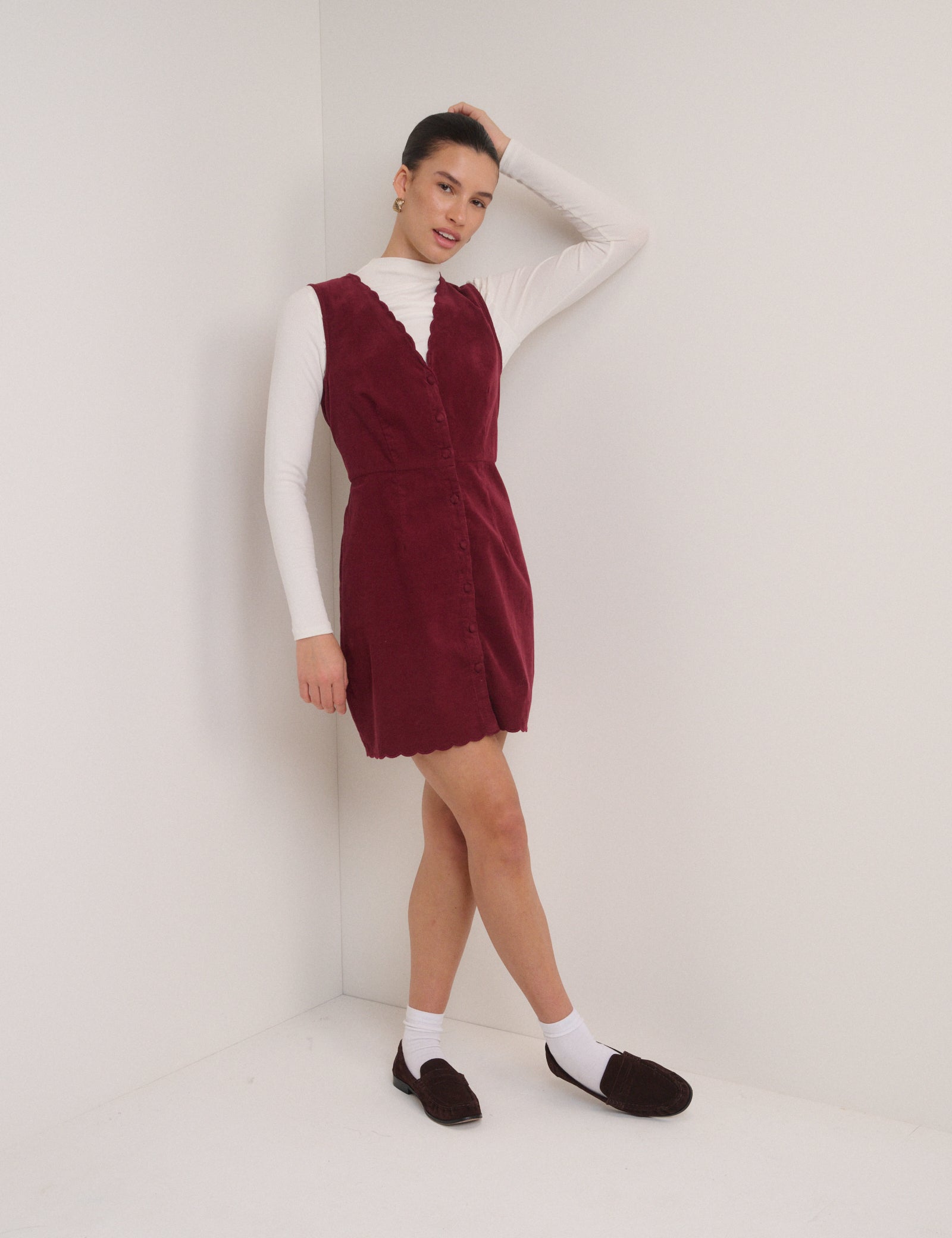Red Cord Scallop Trim Pinafore Mini Dress