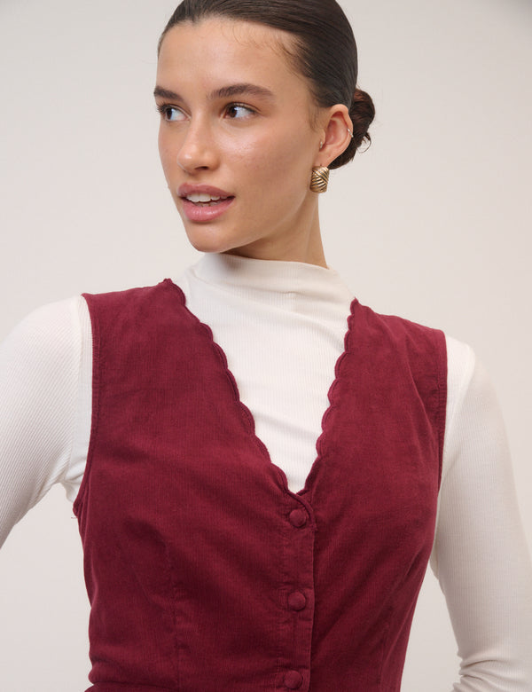 Red Cord Scallop Trim Pinafore Mini Dress