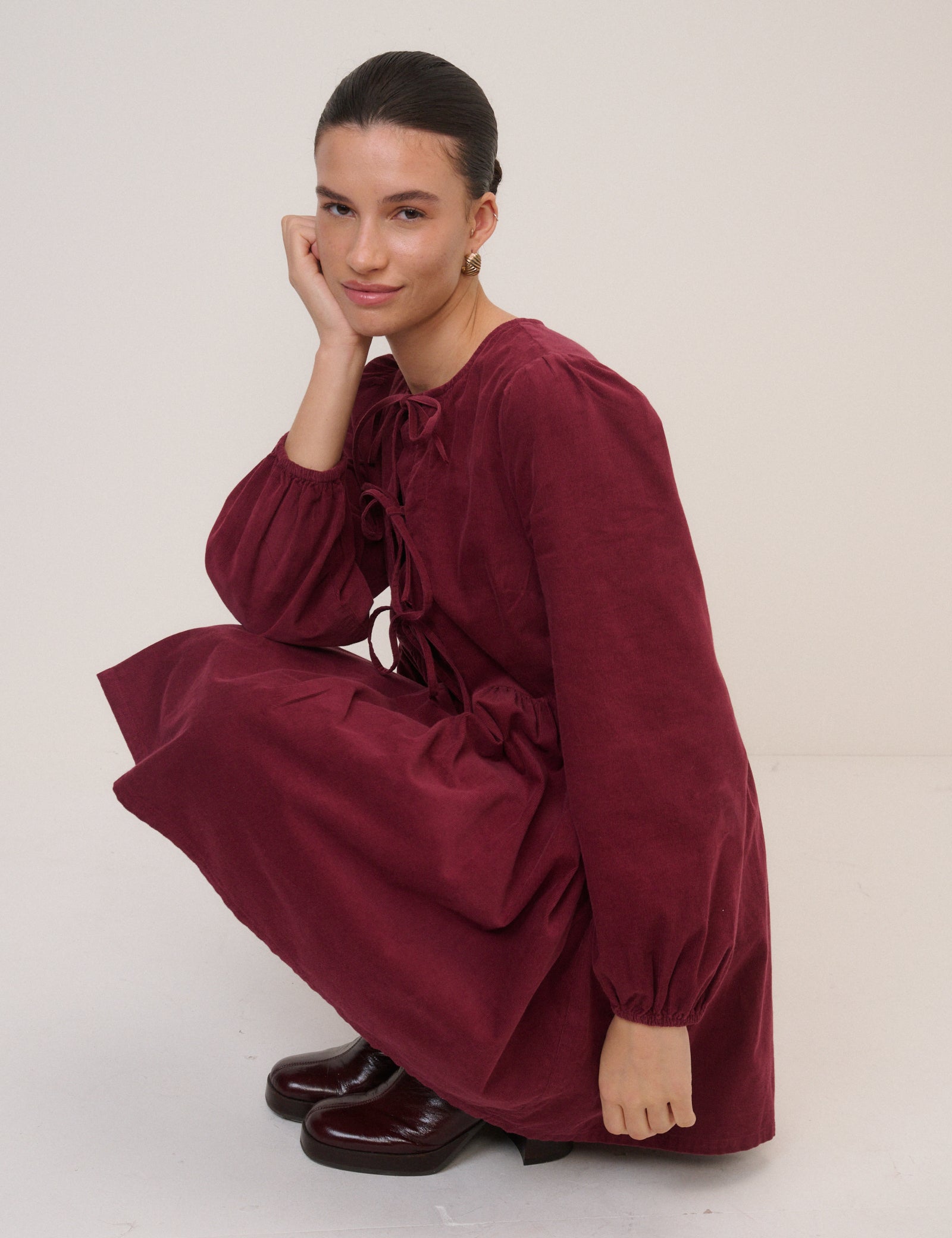 Burgundy Cord Tie Front Eden Mini Dress