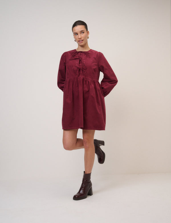 Burgundy Cord Tie Front Eden Mini Dress
