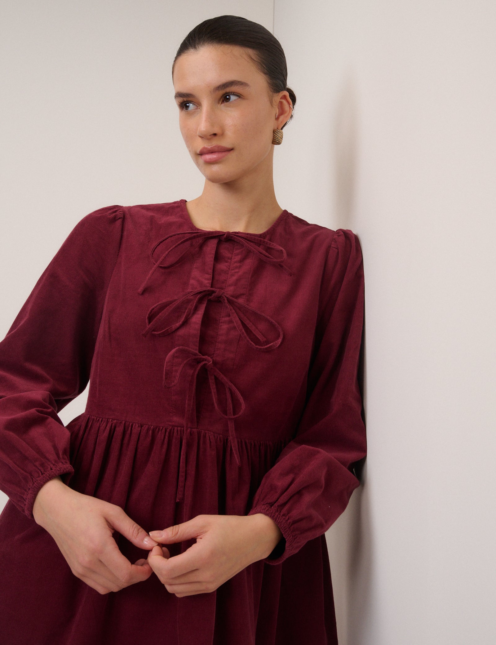 Burgundy Cord Tie Front Eden Mini Dress