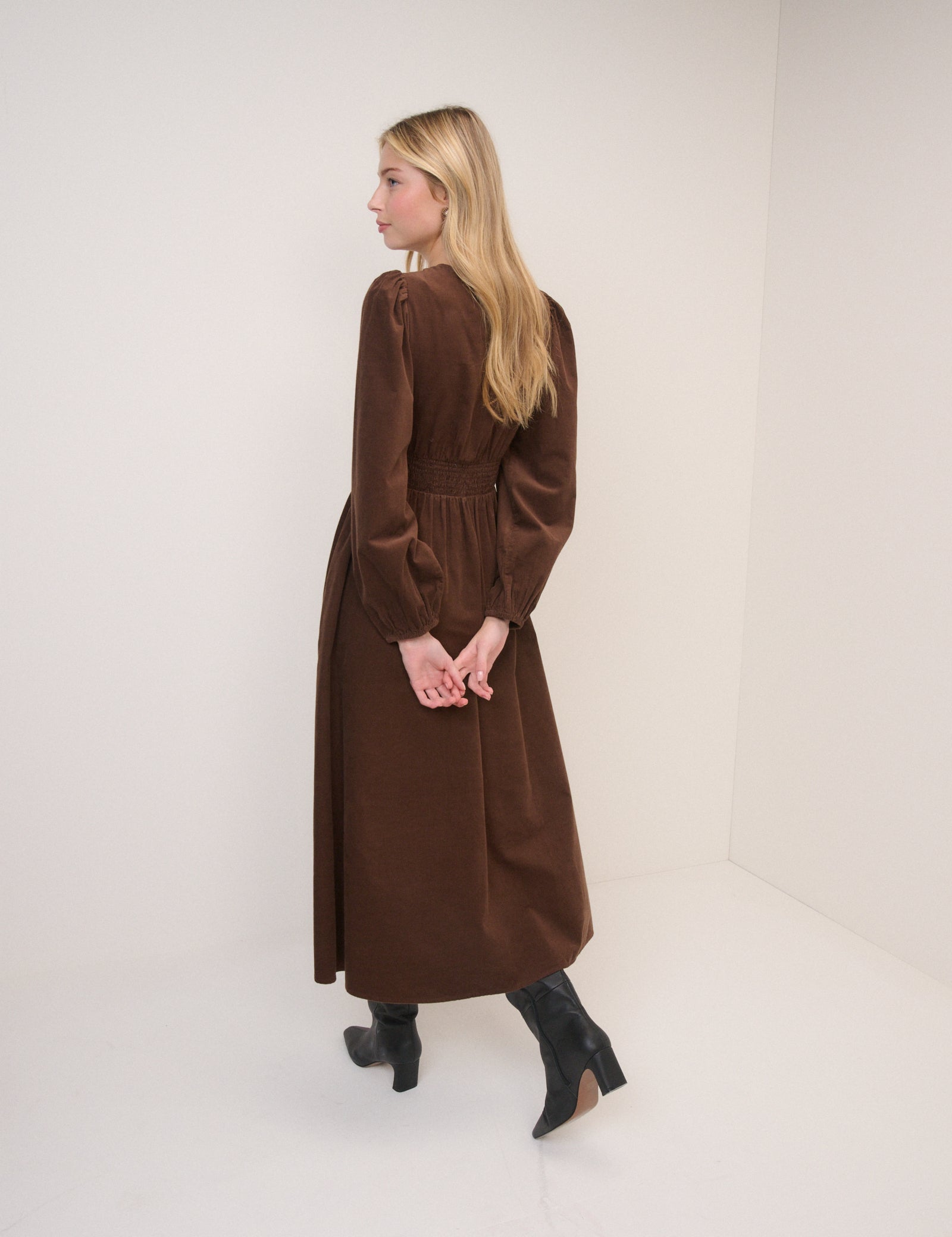 Brown Cord Shirred Riley Midi Dress Brown Cord Shirred Riley Midi Dress